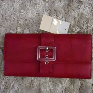 Westport Collection burgundy leather flap clutch snap closure zip coin 8"X4"…NEW